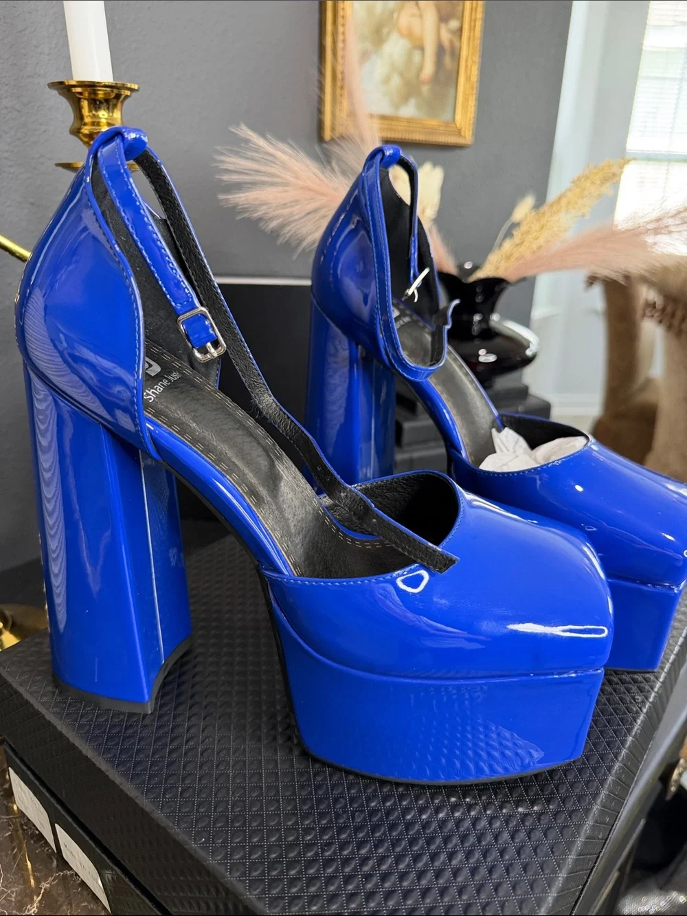 Shane Jones Cobalt Patent Platform Pumps with Ankle Tie